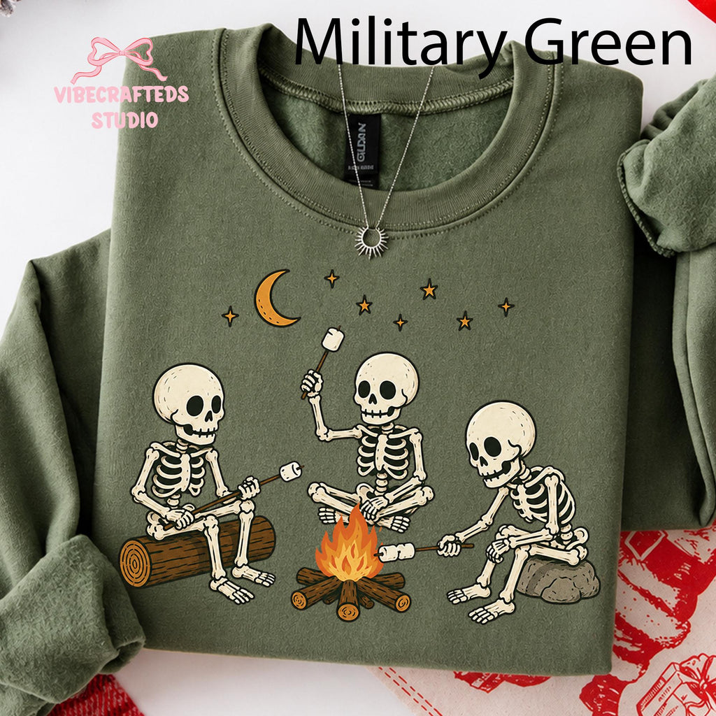 Skeleton Camping Three Skeletons Roasting Marshmallows Around Campfire Halloween Outdoor