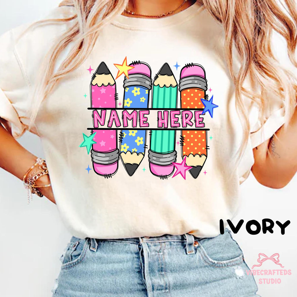Custom Pencil Name Personalized Teacher Pencil Doodles Back School Tee Comfort Colors Teacher