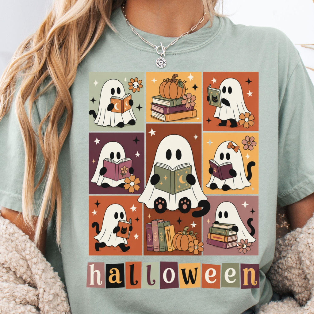 Bookish Halloween Ghost Cat Reading Tee Book Lover Halloween Librarian Teacher Fall Spooky Reader