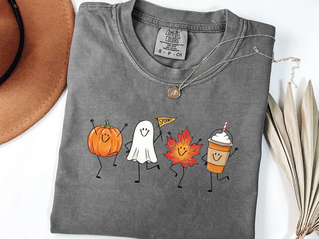 Autumn Halloween Fall Pumpkin Ghost Maple Leaf Pumpkin Spice Latte Comfort Colors Tee Spooky Season