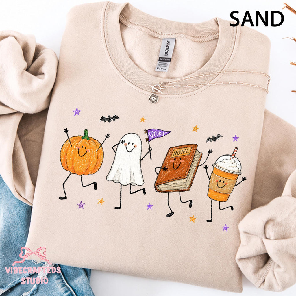Halloween Doodles Smiling Pumpkin Ghost Book Coffee Characters Fall Reader Fall Halloween Tee