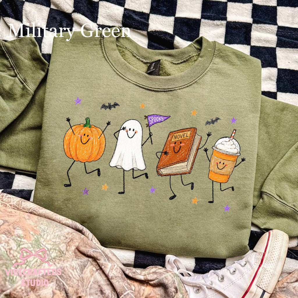 Halloween Doodles Smiling Pumpkin Ghost Book Coffee Characters Fall Reader Fall Halloween Tee