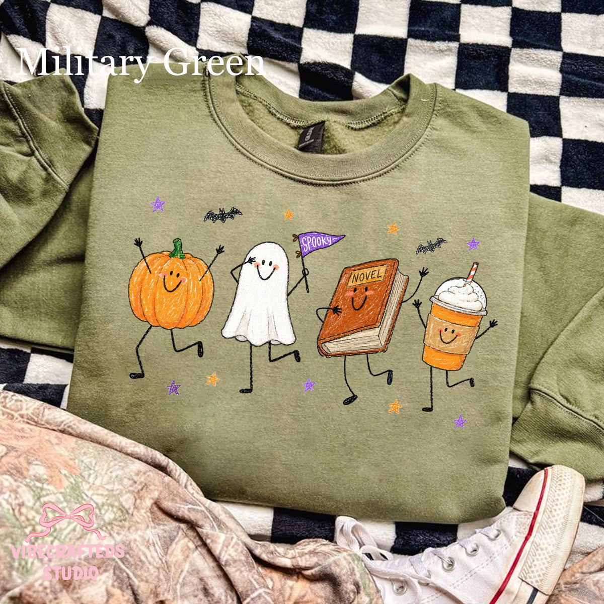 Halloween Doodles Smiling Pumpkin Ghost Book Coffee Characters Fall Reader Fall Halloween Tee