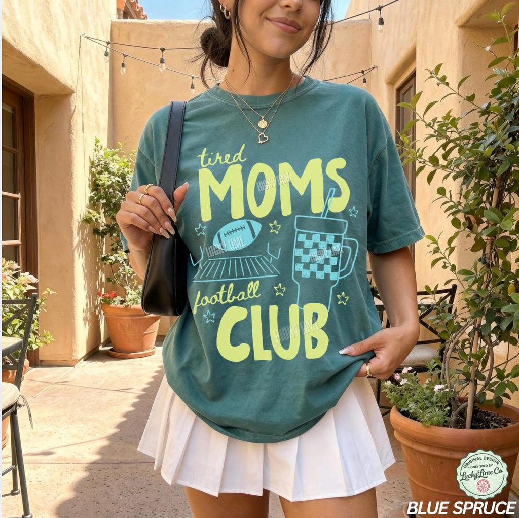 Tired Moms Football Club Sports Mama Football Moms Club Game Day Tee Hand Drawn Sports Mom