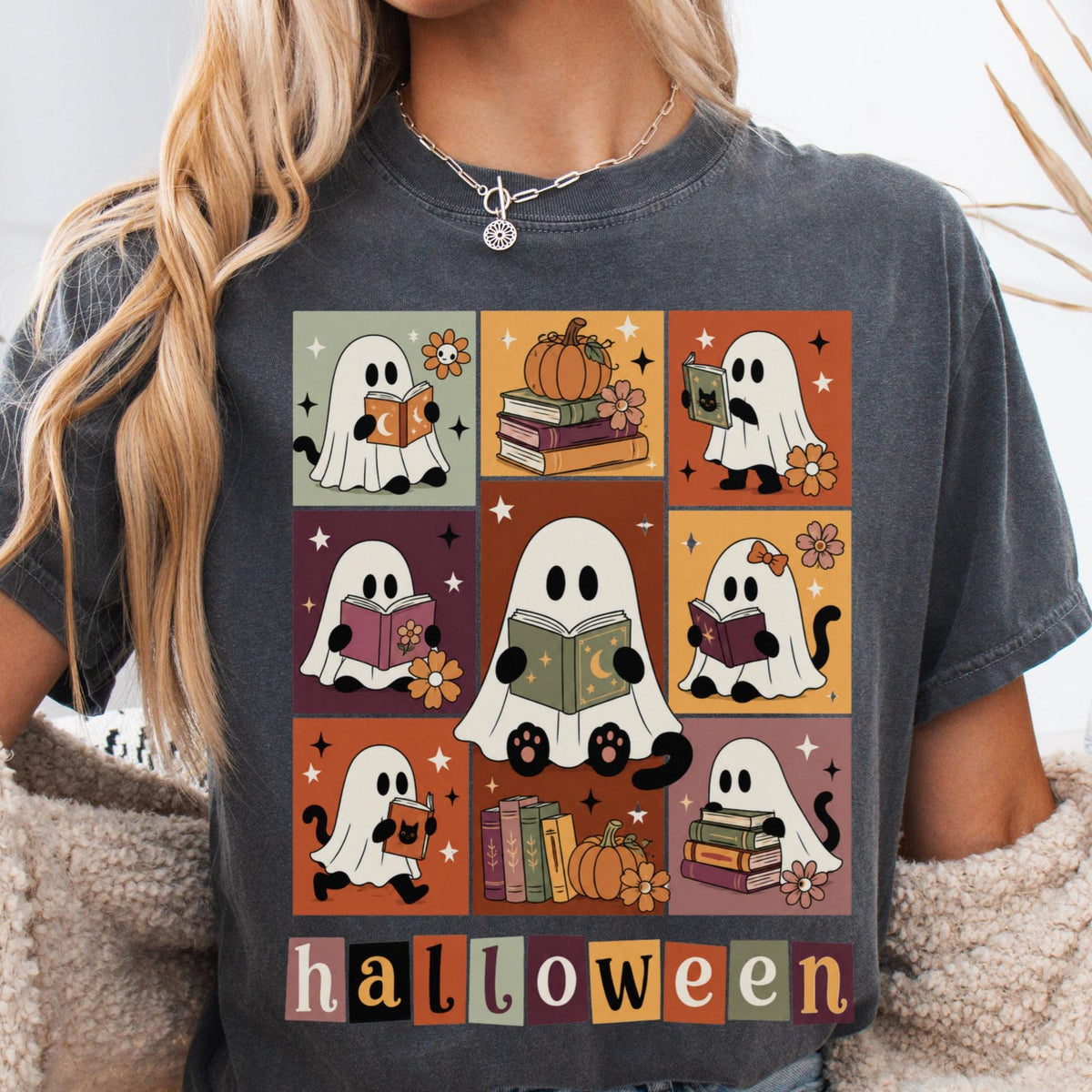 Bookish Halloween Ghost Cat Reading Tee Book Lover Halloween Librarian Teacher Fall Spooky Reader
