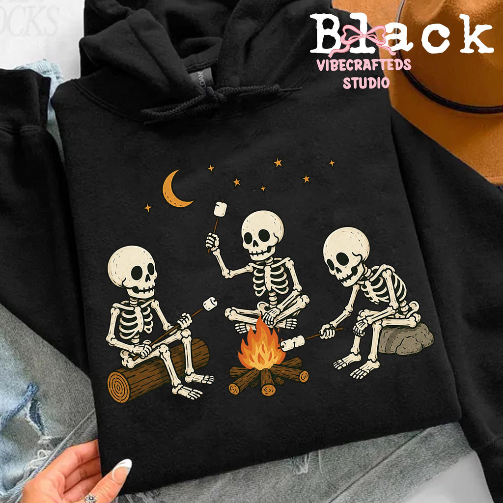 Skeleton Camping Three Skeletons Roasting Marshmallows Around Campfire Halloween Outdoor