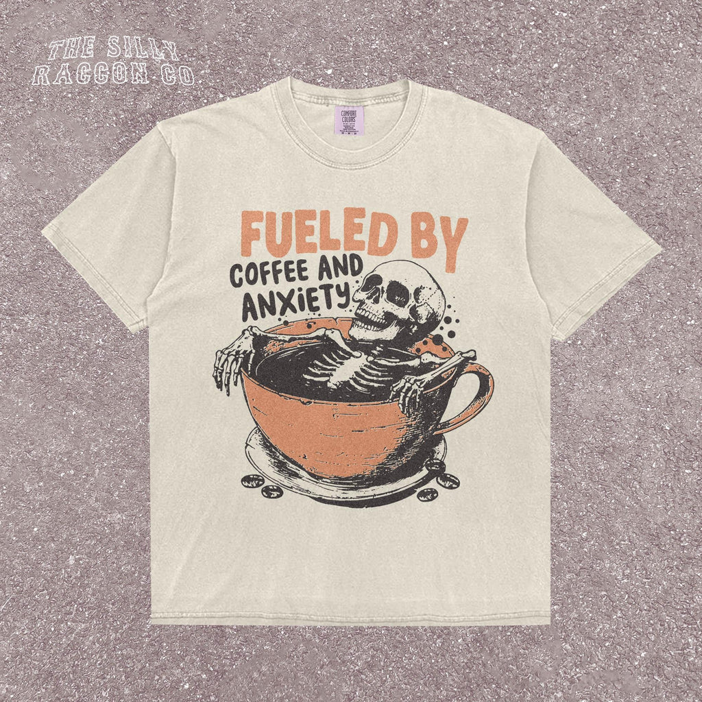 Fueled Coffee Anxiety Skeleton Coffee Tee Retro Skull Mental Health Humor Tee Vintage Skull