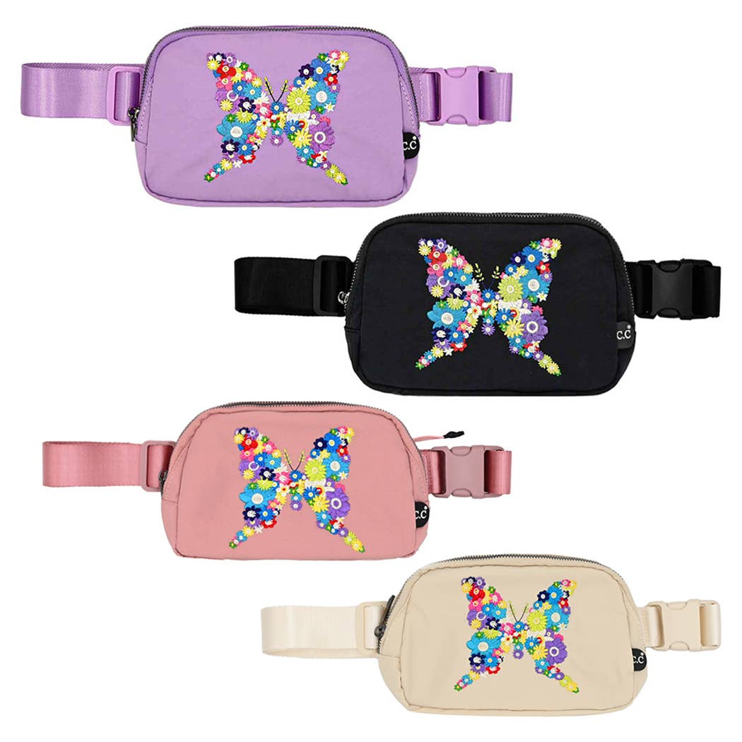Butterfly-Shaped Flowers Embroidery Fanny Pack