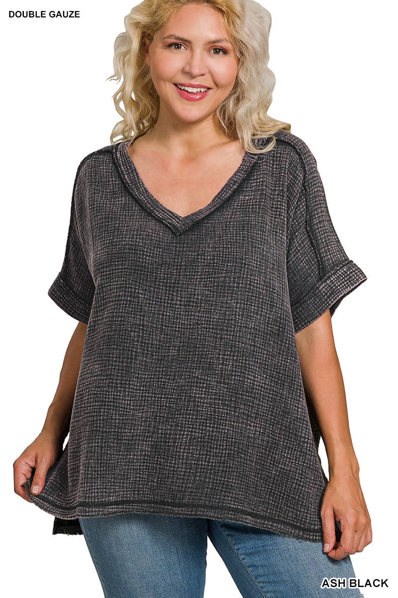 1209 Plus Acid Washed Double Gauze Cuffed Sleeve Raw Hem Tee SI-2