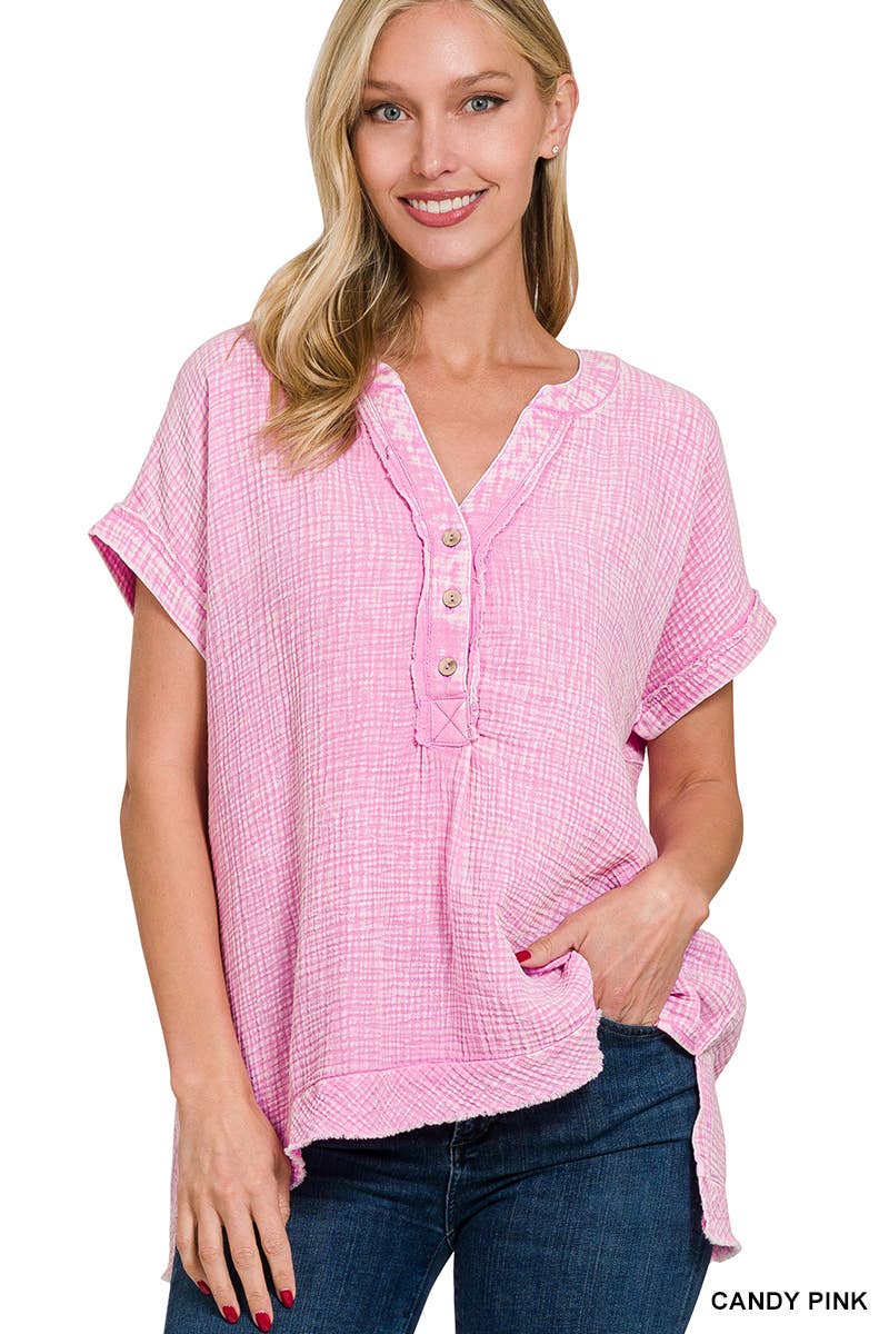 0810 Washed Double Gauze Henley Neck Short Sleeve Shirt SI-25852