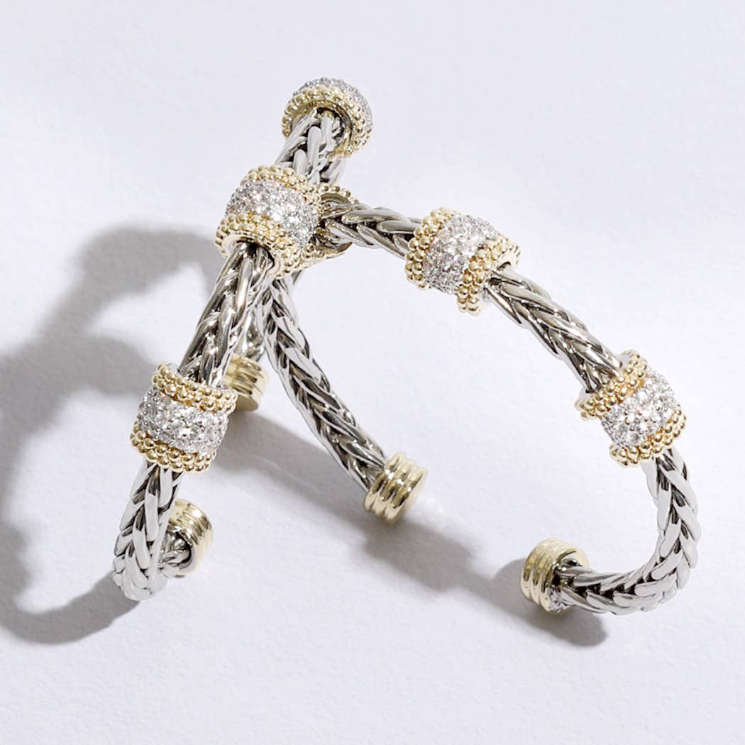 Three Cz Stations Design Braided Bangle Bracelet