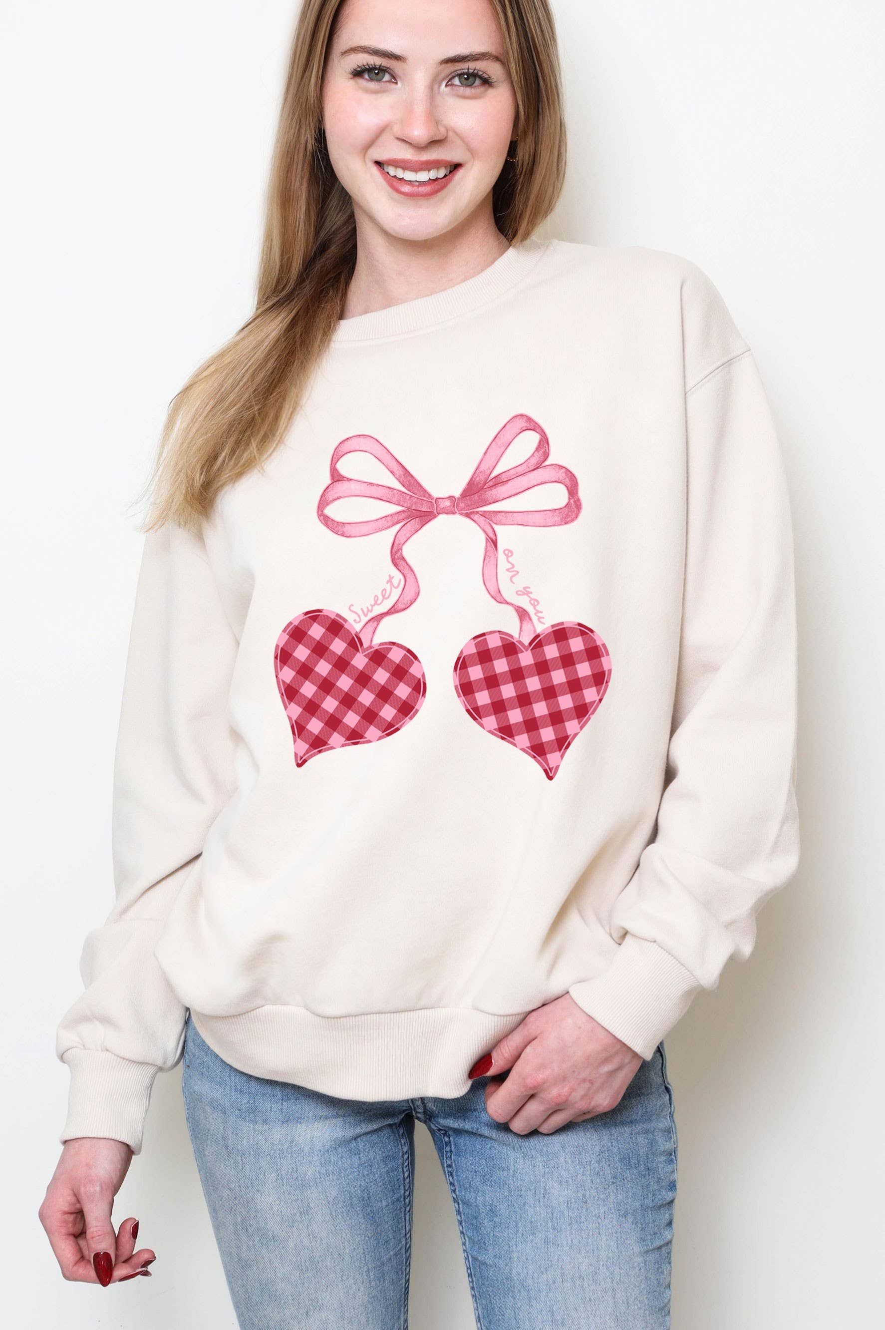 Plaid Bow Heart Sweet On You Graphic Brushed Sweatshirts