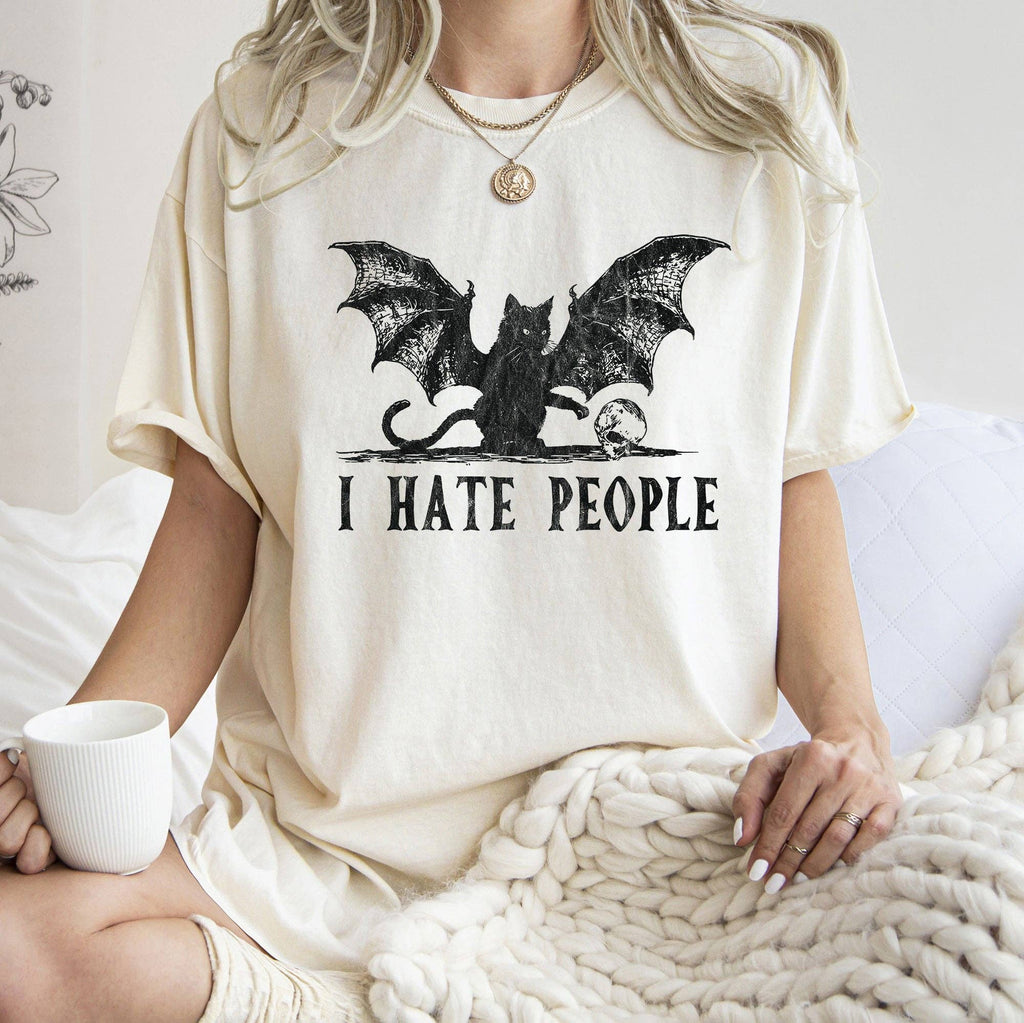 I Hate People Cat Bat Retro Halloween Black Print Unisex