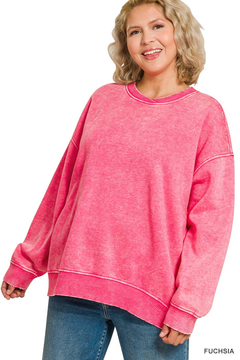 Plus Acid Wash Oversized Fleece Pullover