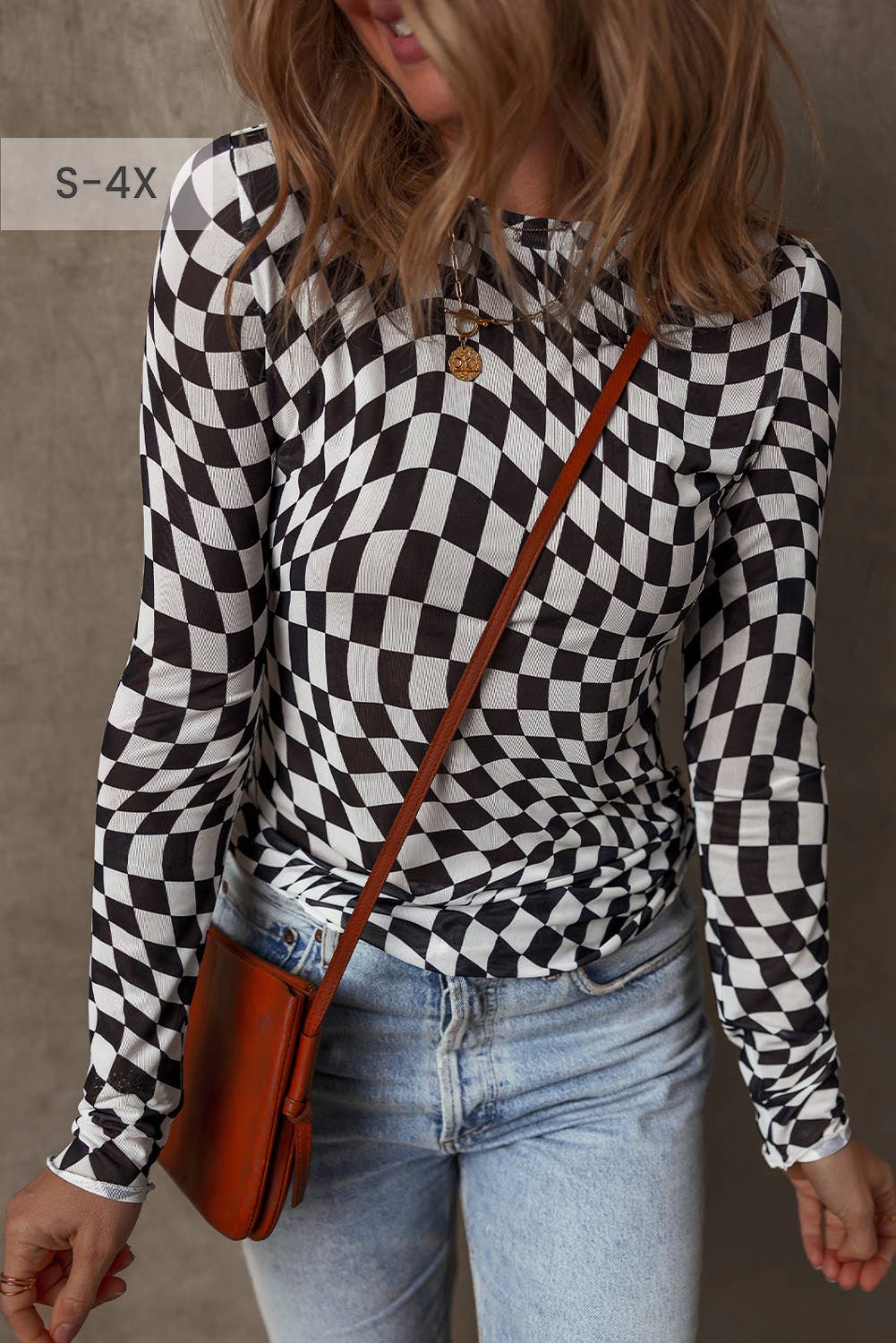 66 Spring Checkered Pattern Mesh Mock Neck Top (S-4X)