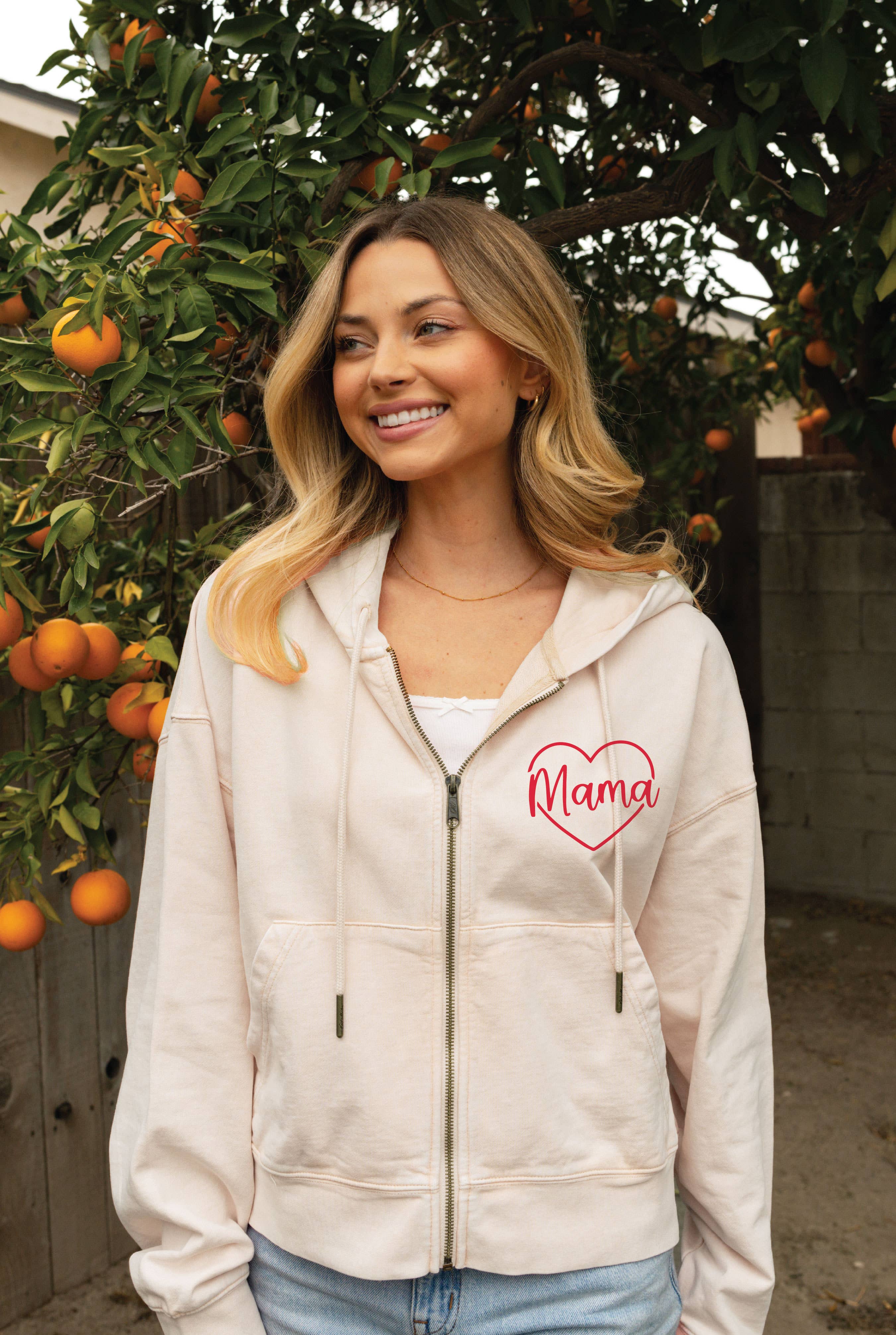 Mama Heart Cropped Mineral Zipper Hooded