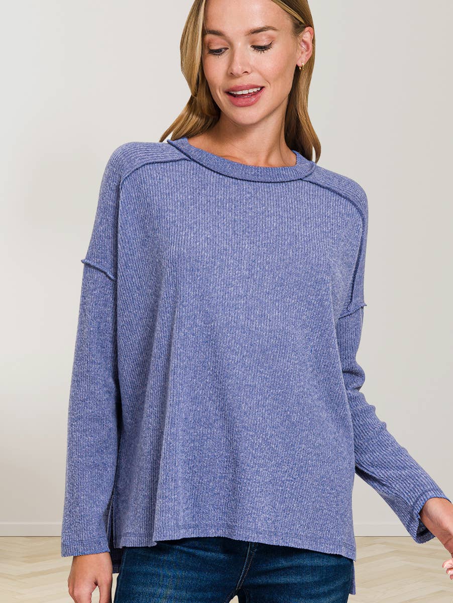 '..._ SI-27161 Brushed Ribbed Hacci Hi Low Sweater
