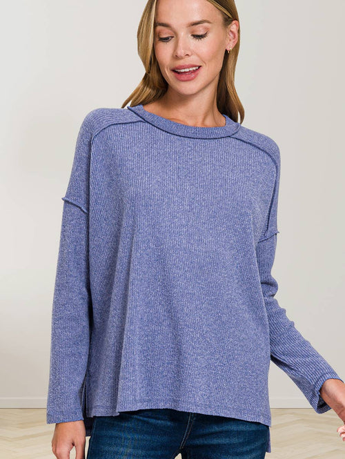 '..._ SI-27161 Brushed Ribbed Hacci Hi Low Sweater