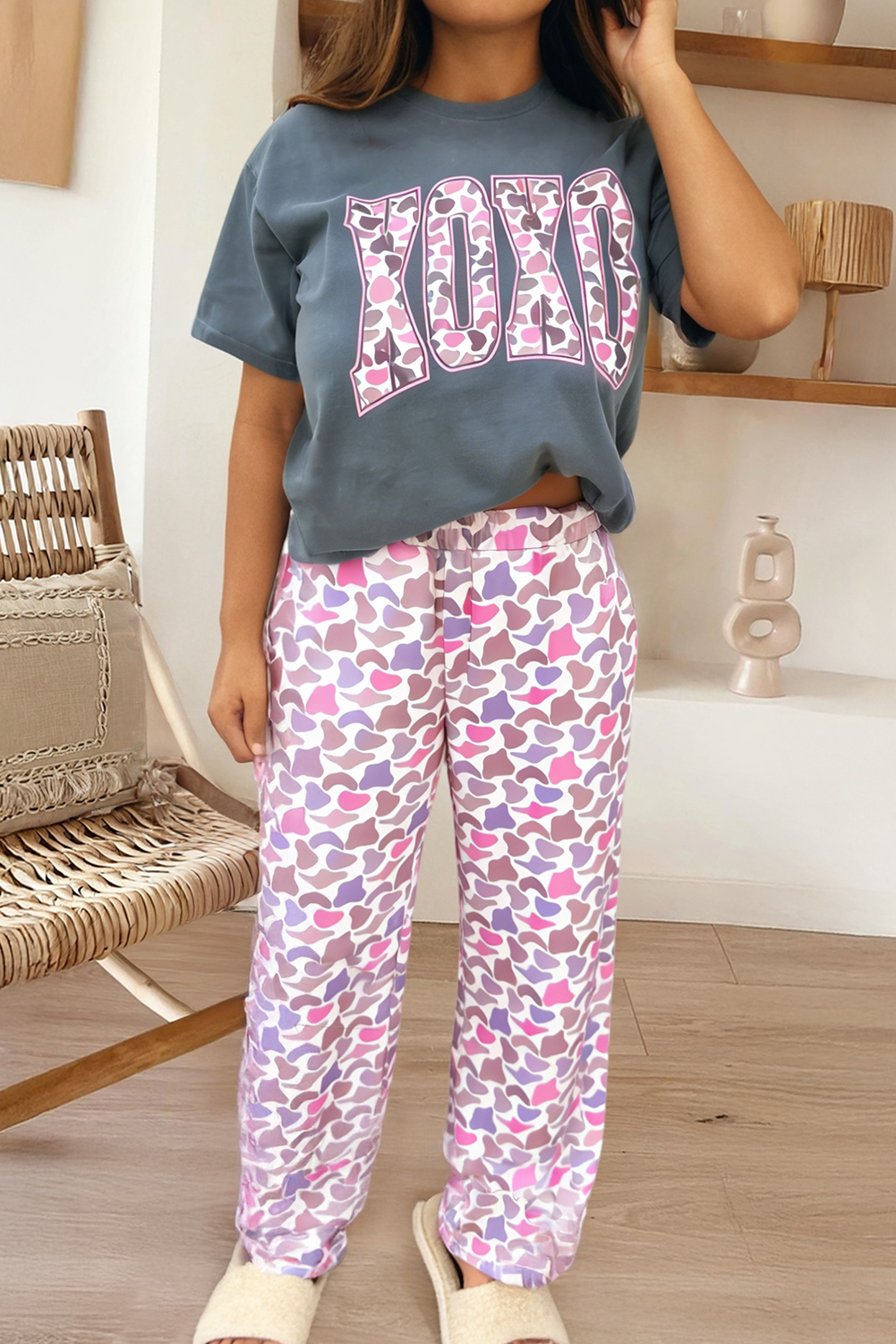 Mama Letter Graphic Top and Camouflage Print Loose Pant Set
