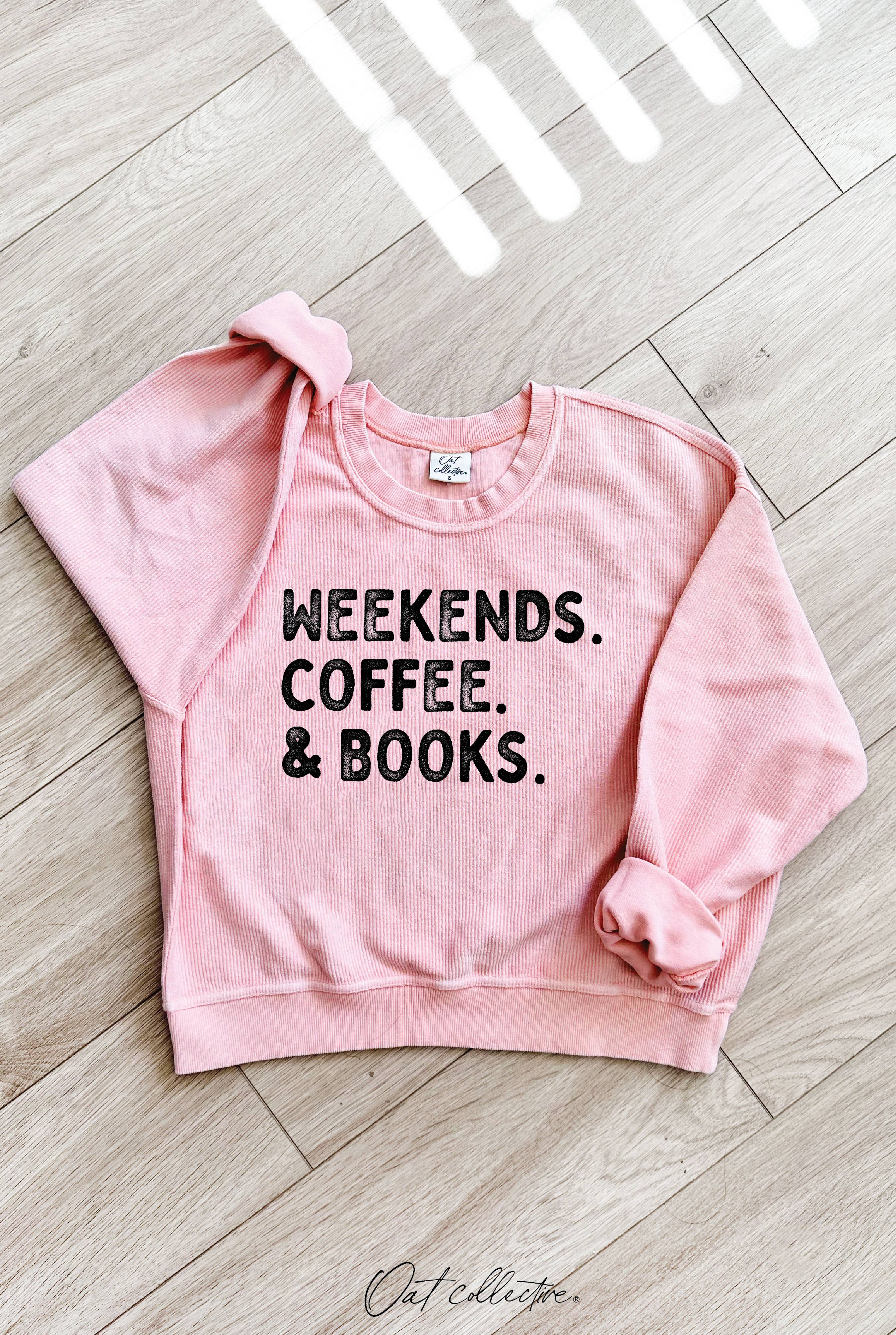 Weekends Coffee and Books Cropped Thermal Vintage Pullover