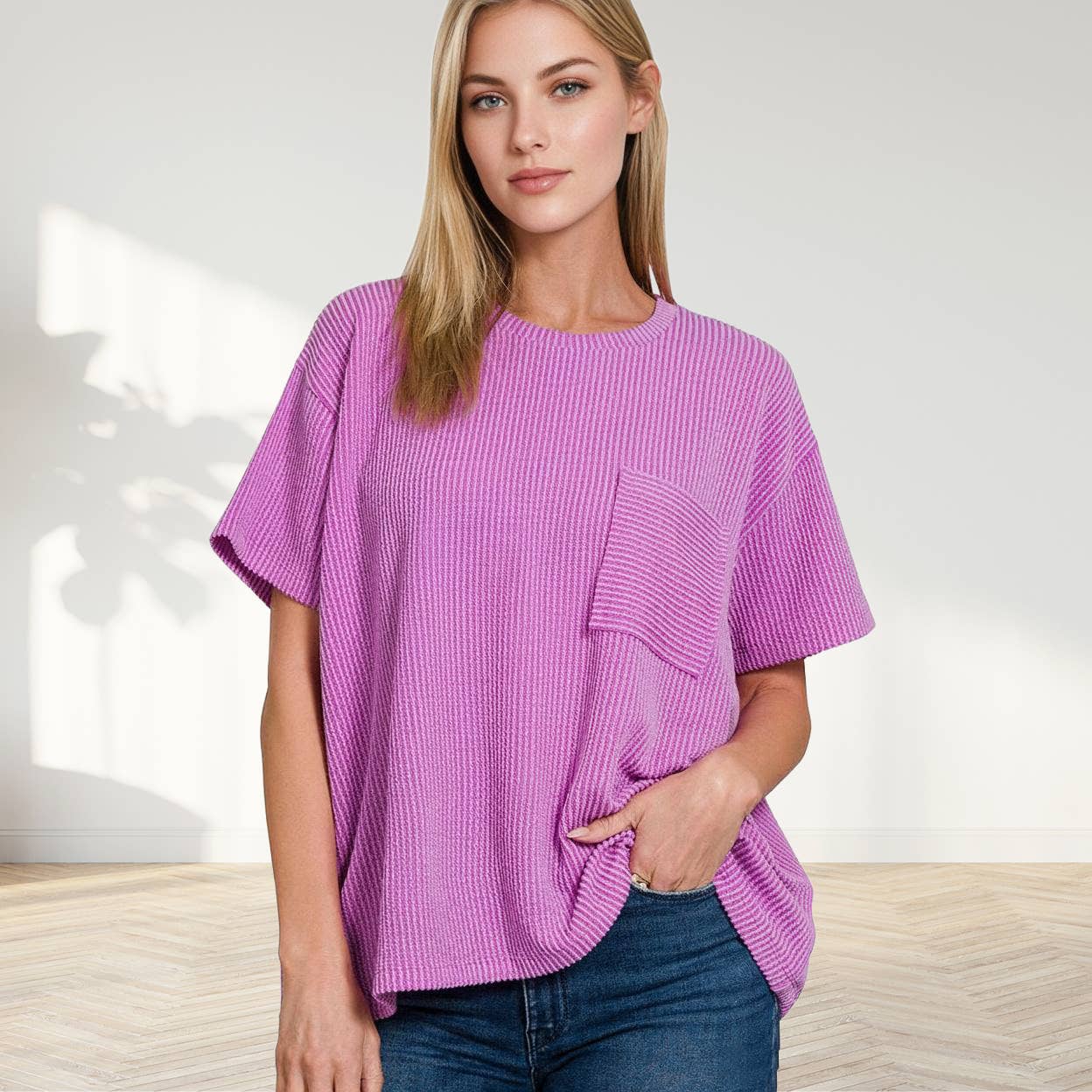 ',,_ Corded Rib  Short Sleeve Front Pocket Top