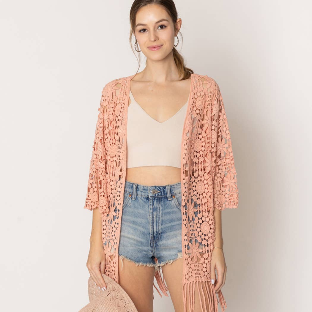 Floral Patterned Fringe Crochet Cardigan