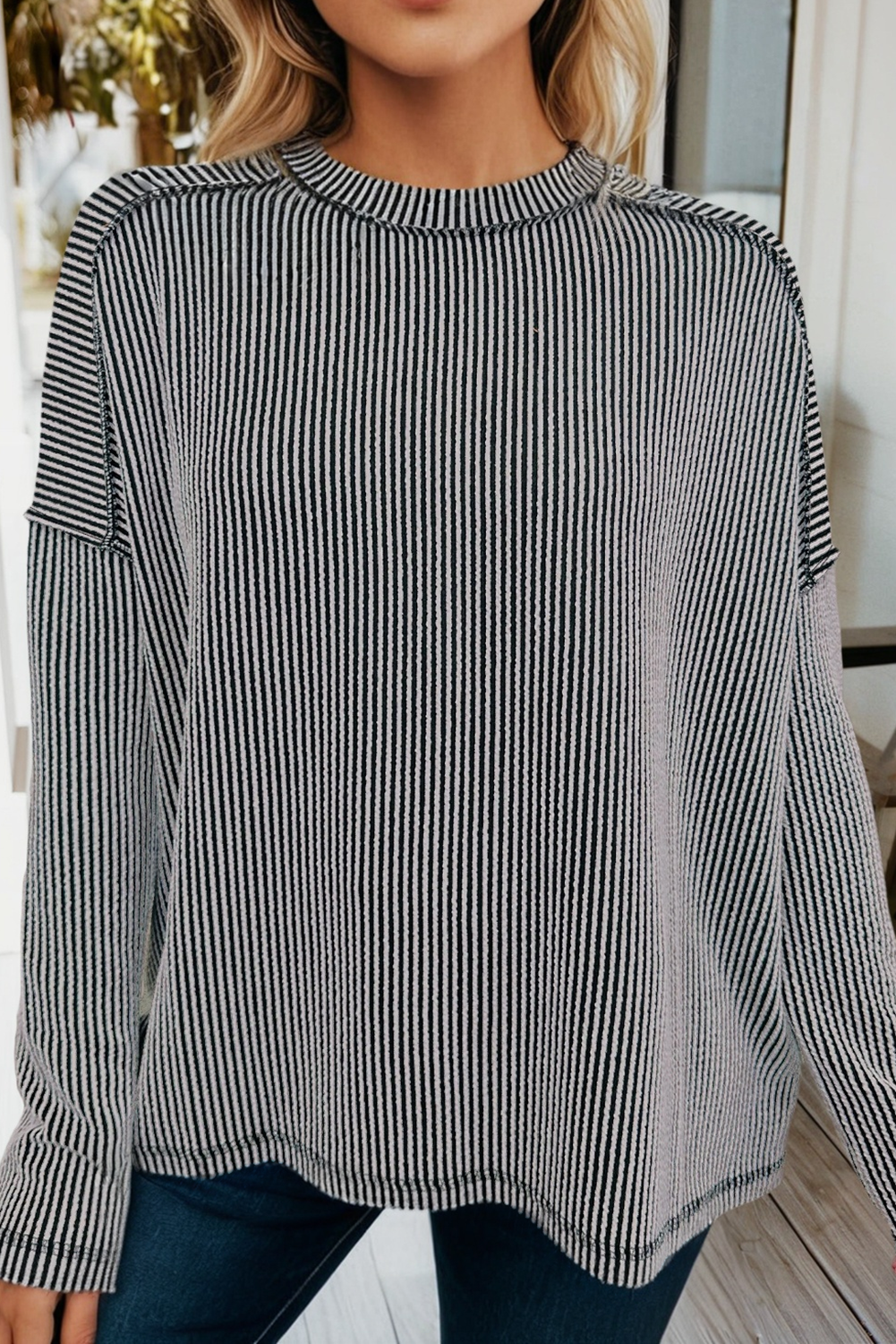 Twist Ribbed Exposed Seam Long Sleeve Loose Top (S-Xl)