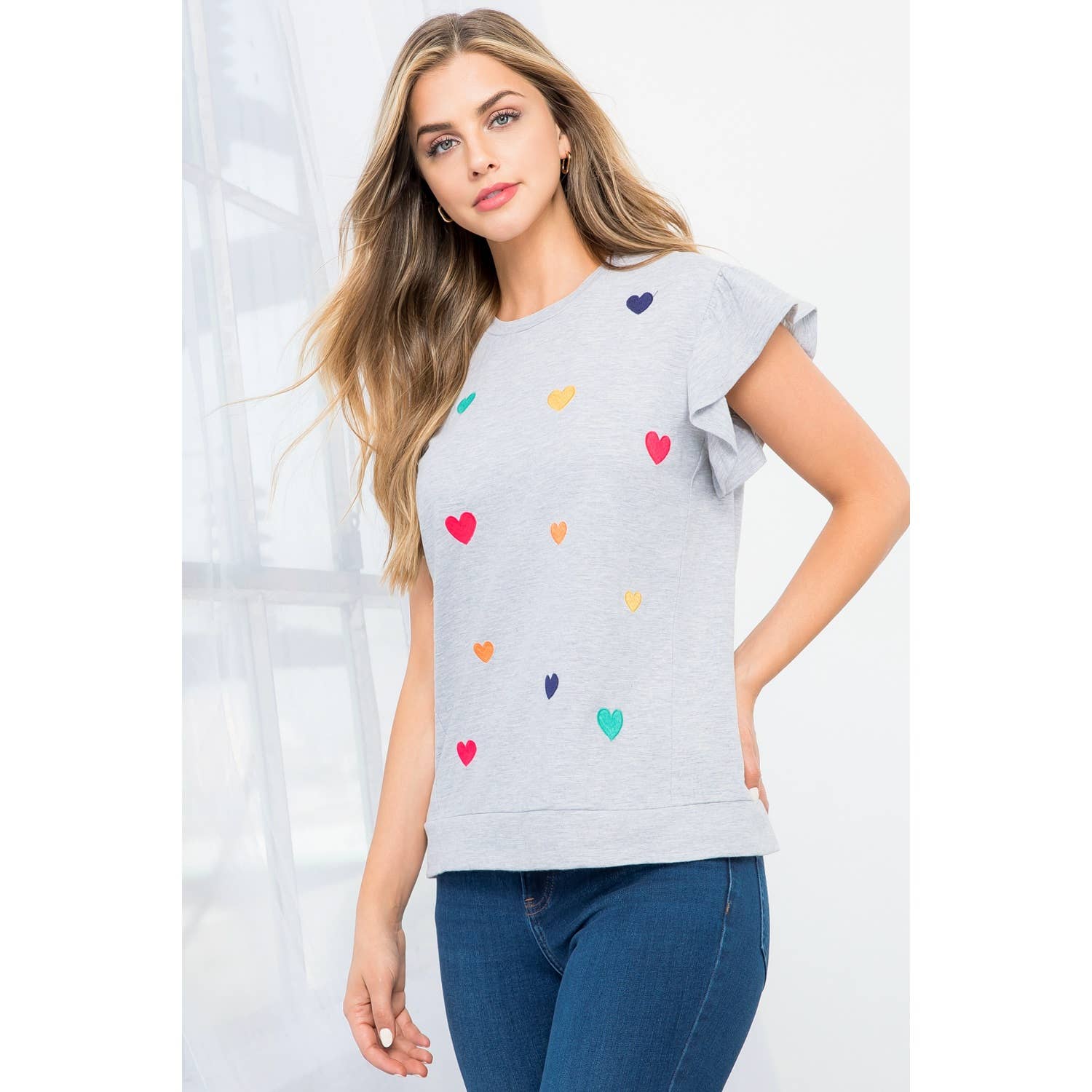 Ruffle Sleeve Embroidered Hearts Top