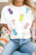 Chenille Bunny Cross Patch Easter T Shirt (S-3XL)