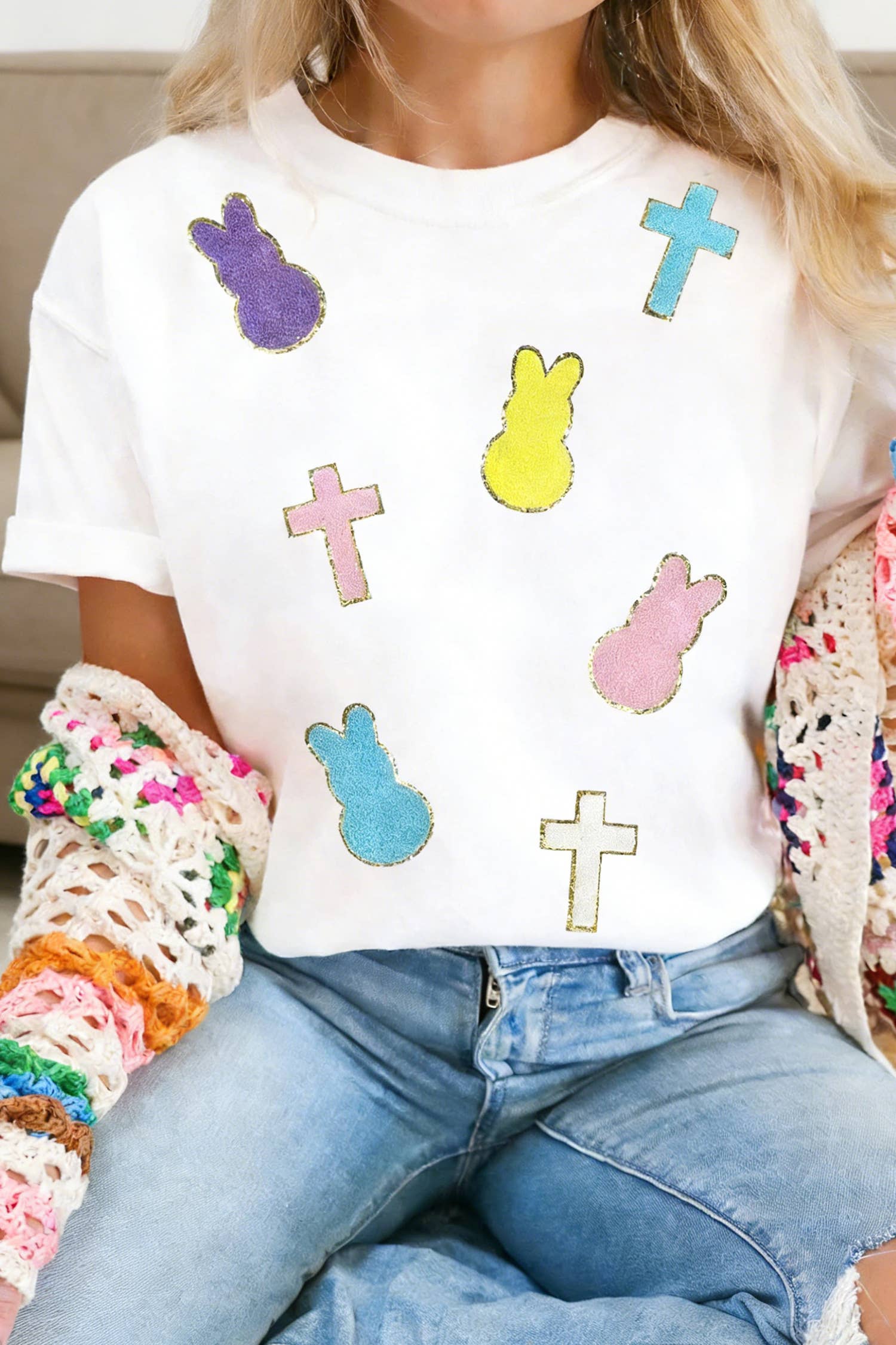 Chenille Bunny Cross Patch Easter T Shirt (S-3XL)