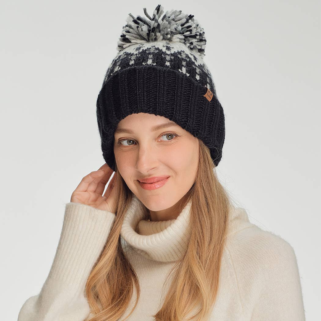 Geometric Pattern Knit Beanie with Pom