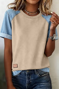Spring 2026Denim Color Block Patchwork Round Neck Tee (S-Xl)