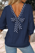 Polka Dot Trimmed V Neck Bow Tie Textured Ribbed Top (S-Xl)