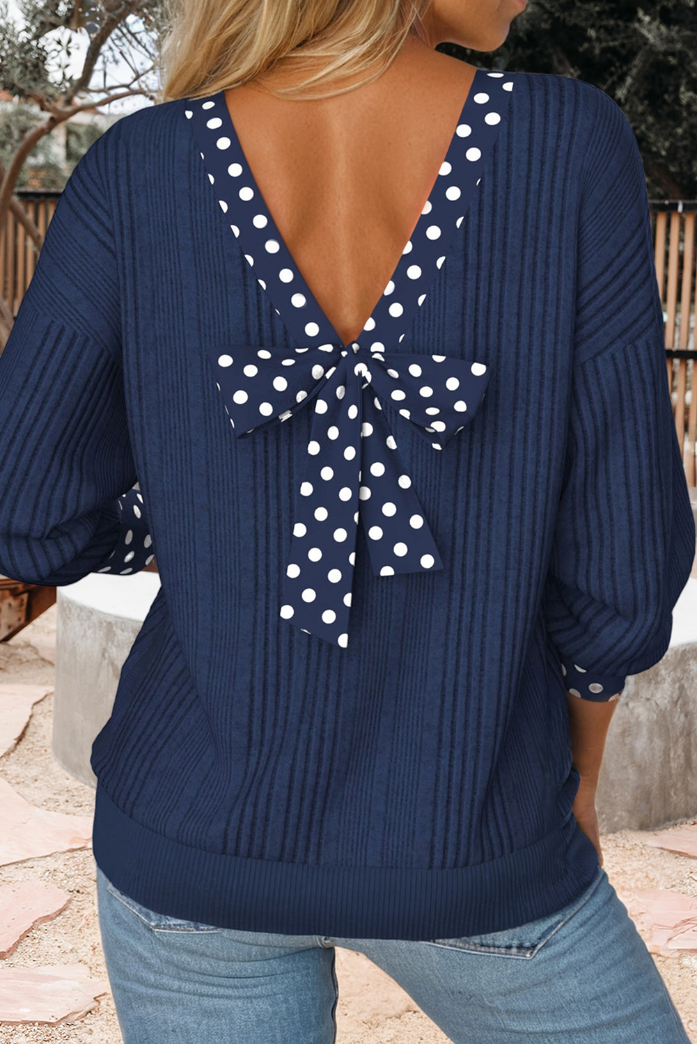 Polka Dot Trimmed V Neck Bow Tie Textured Ribbed Top (S-Xl)