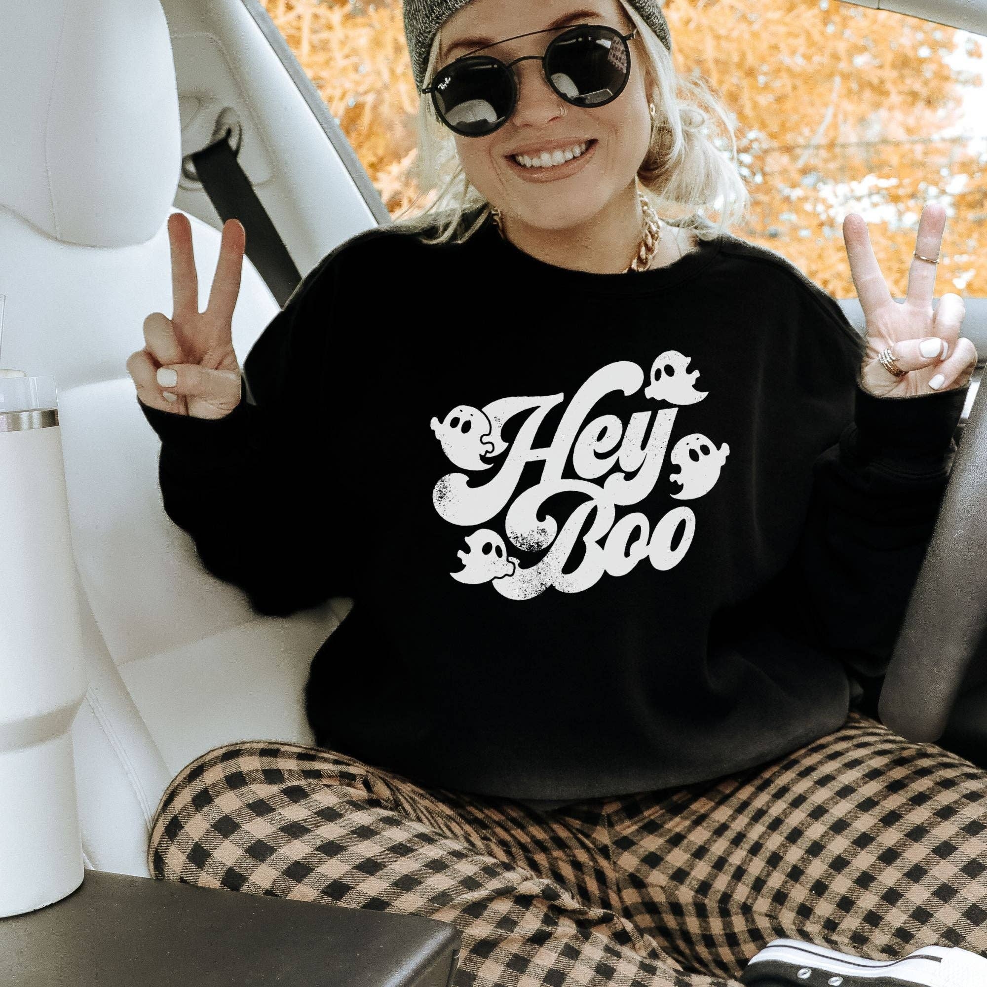 Cute Hey Boo Ghost Crewneck Sweatshirt Hoodie Halloween