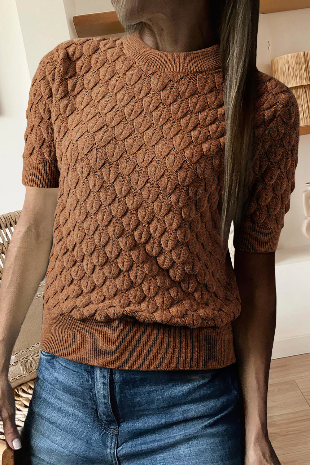 Fish Scale Textured Knit Ribbed High Neck Sweater (S-Xl)