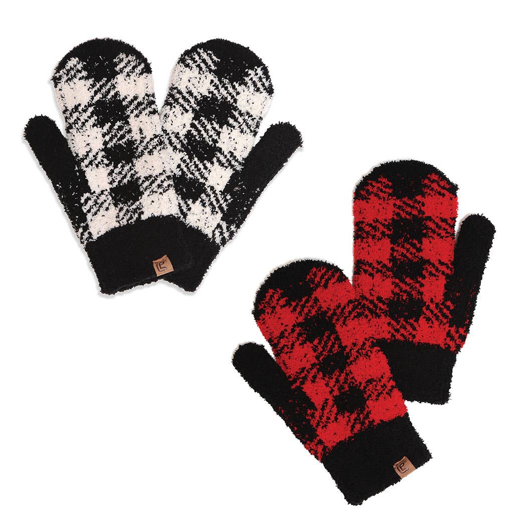 Winter Plaid Pattern Soft Flush Mittens
