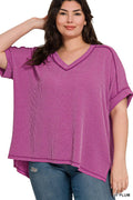 ....SI-27252 Plus Corded Rib Short Sleeve Hi Low Neck Top