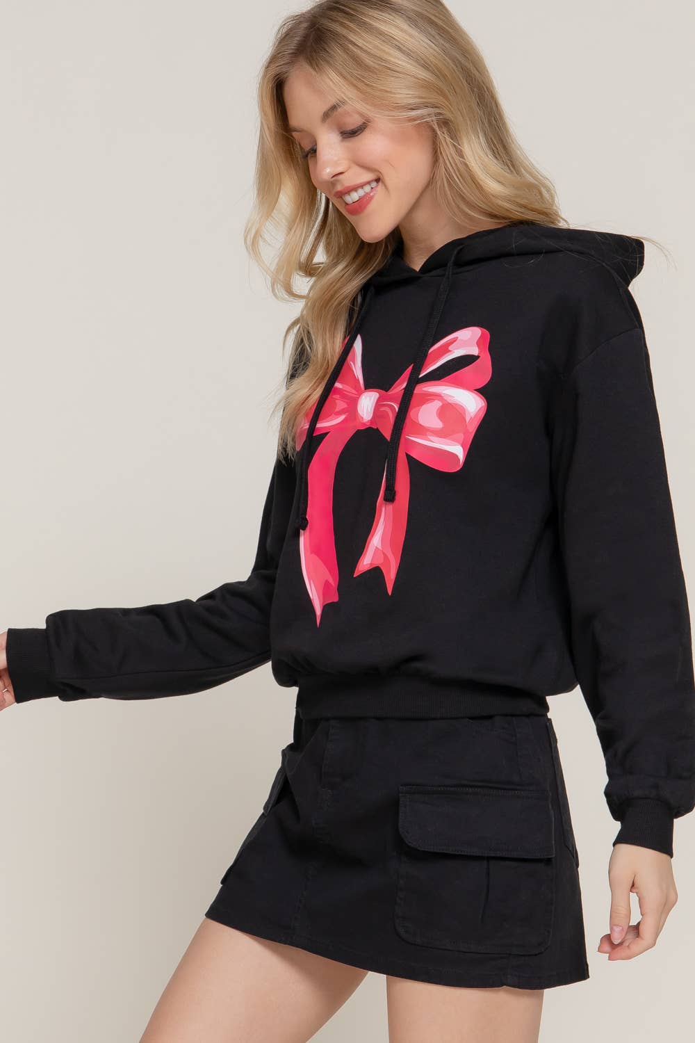 ,.SI-27001 Hoodie Bow Print Fleece French Terry Top