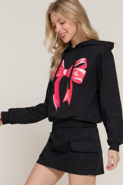 ,.SI-27001 Hoodie Bow Print Fleece French Terry Top