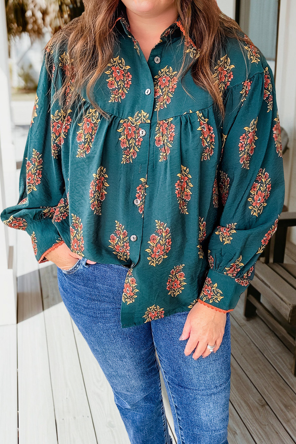 Plus Size Floral Print Contrast Lacy Trim Pleated Shirt