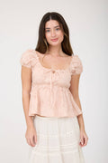 Embroidered 3D Floral Pattern Puff Sleeve Top