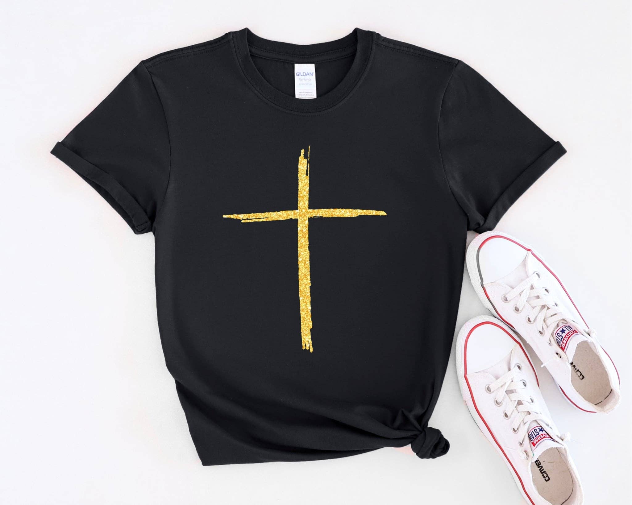 Christian Gold Cross Black Tultex Graphic Tee Free Shipping