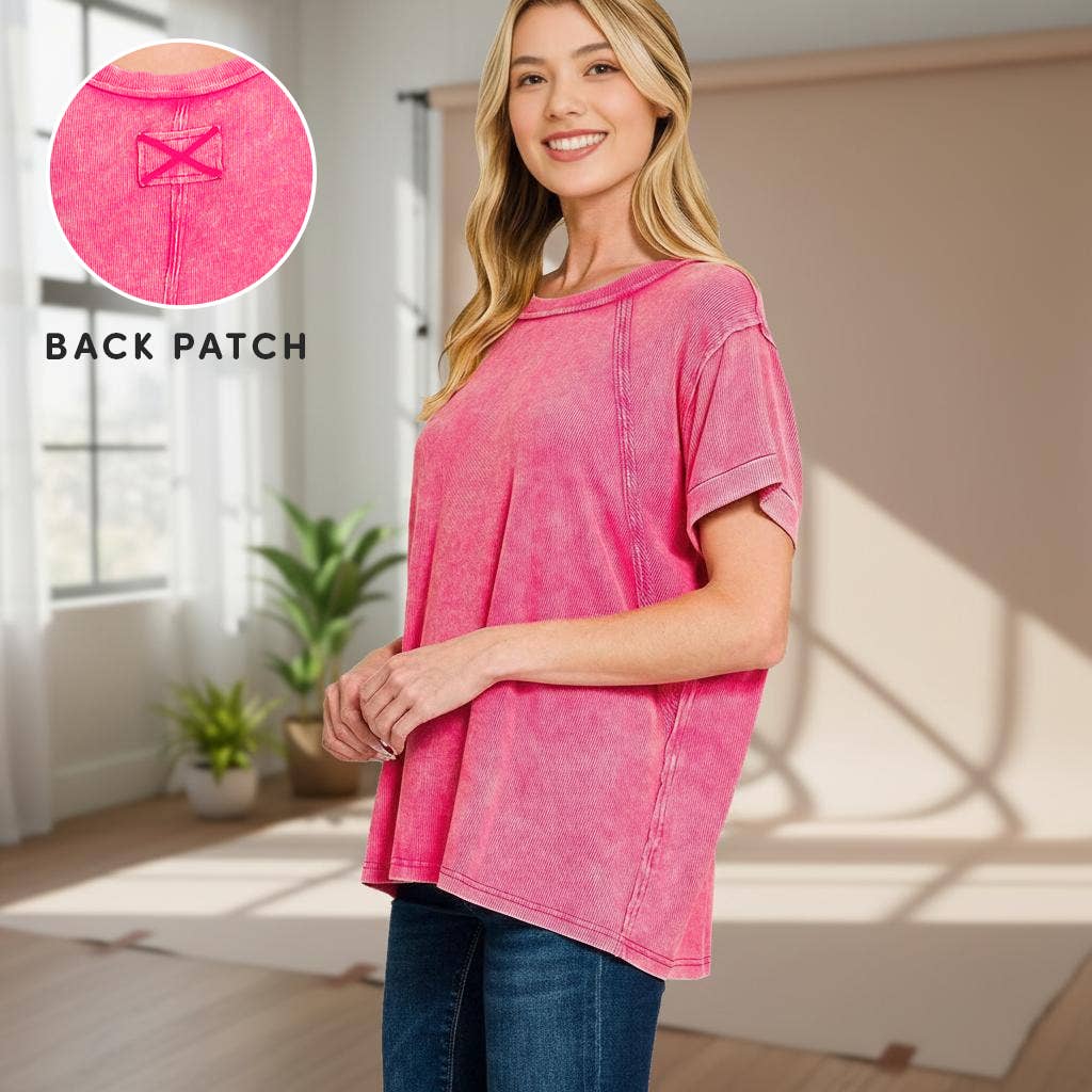 .0101 Washed Ribbed Cuffed Short Sleeve Round Neck Top SI-29254