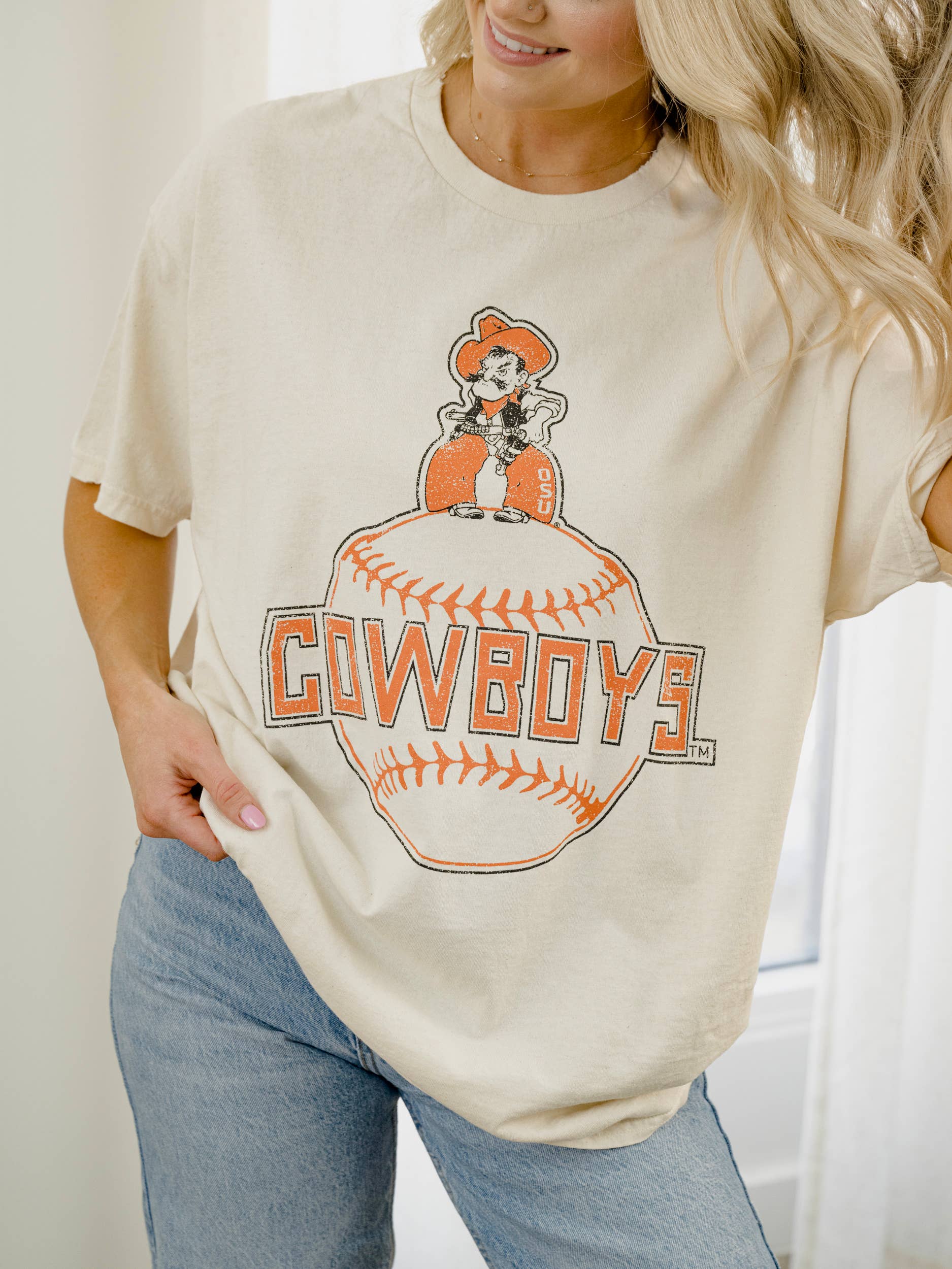 Osu Cowboys Mascot Baseball Off White Thrifted Graphic Tee