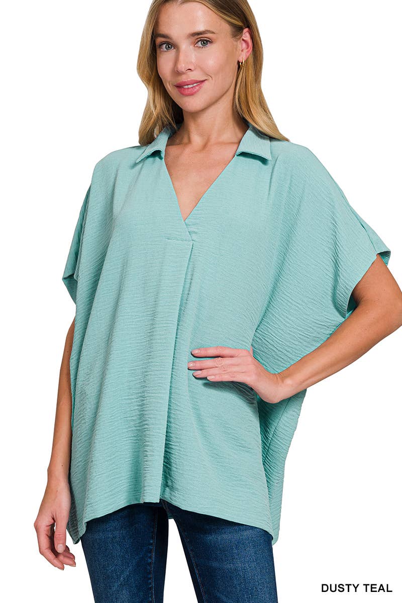 ...SI-27459 Woven Airflow Collared V Neck Short Sleeve Top