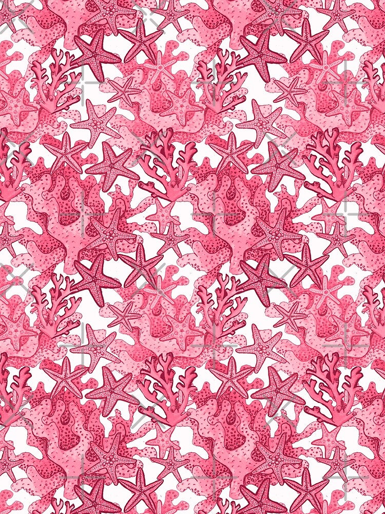 Pink starfish and pink coral watercolor all over print by MagentaRose
