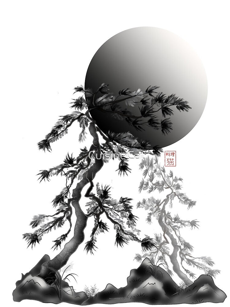 Japanese sumie pine trees under a full moon by CuisineCat