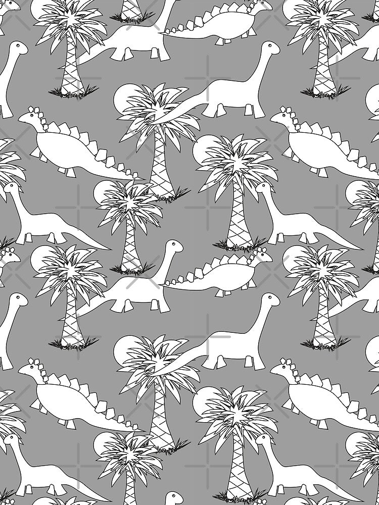 All over Dinosaur Outline Drawing with Palm Trees on Gray Ground by MMPlastic