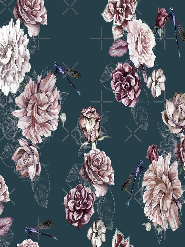 Floral pattern, handmade watercolor painted flowers, linear flowers, peony, roses, camelia, dragonfly. All over pattern for fashion and textile, unique flowers seamless pattern by TeeFashionShop